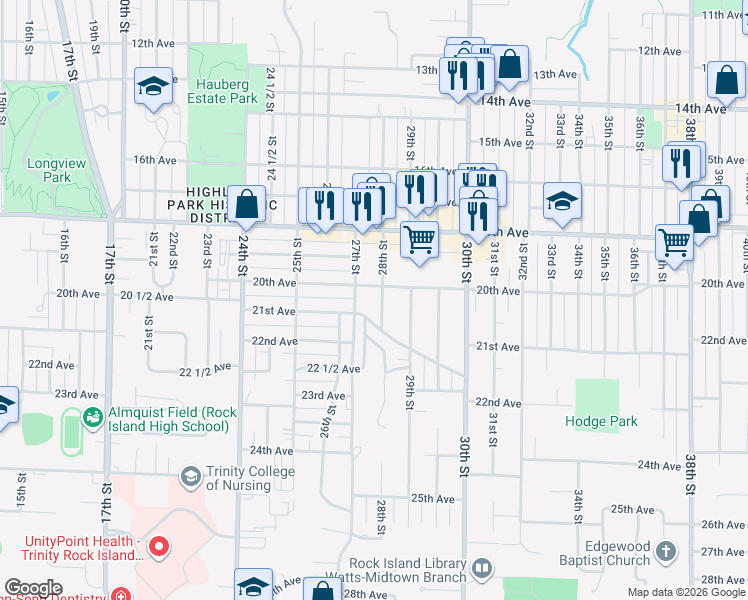 map of restaurants, bars, coffee shops, grocery stores, and more near 2008 28th Street in Rock Island