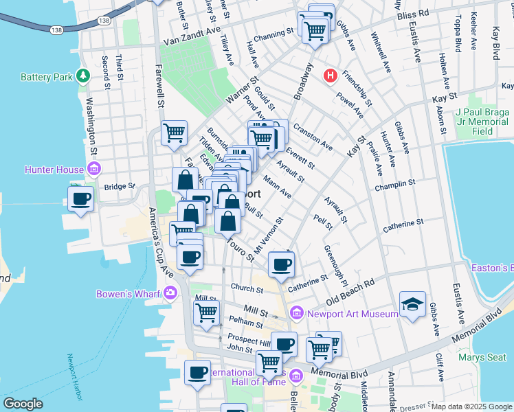 map of restaurants, bars, coffee shops, grocery stores, and more near in Newport