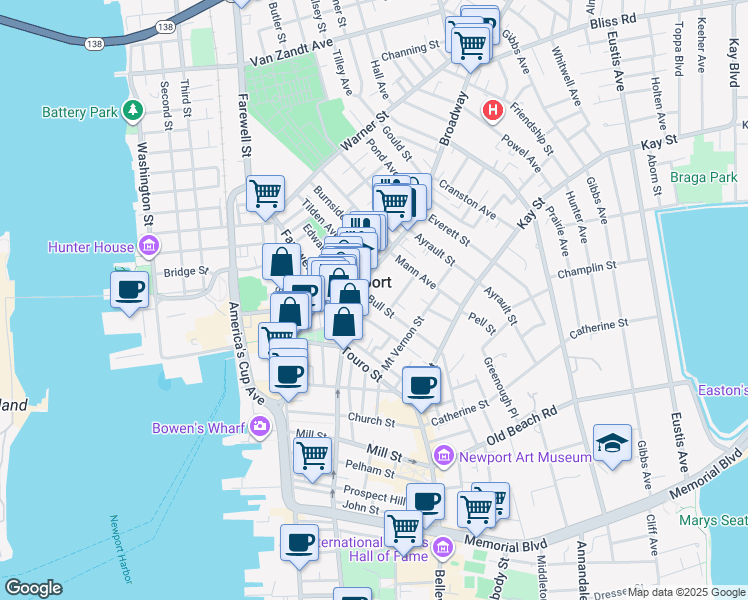 map of restaurants, bars, coffee shops, grocery stores, and more near in Newport