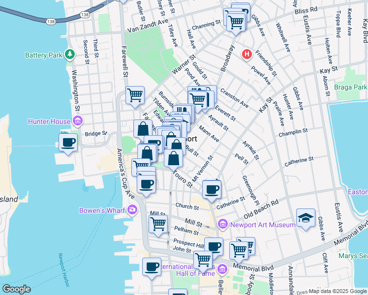 map of restaurants, bars, coffee shops, grocery stores, and more near in Newport
