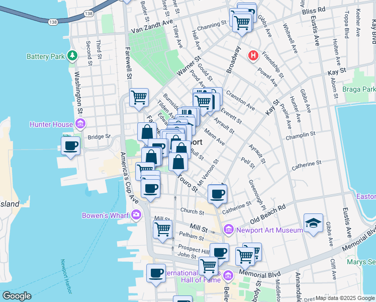 map of restaurants, bars, coffee shops, grocery stores, and more near in Newport