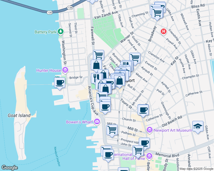 map of restaurants, bars, coffee shops, grocery stores, and more near 11 Coddington Street in Newport