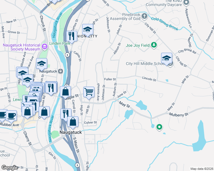 map of restaurants, bars, coffee shops, grocery stores, and more near 83 Johnson Street in Naugatuck