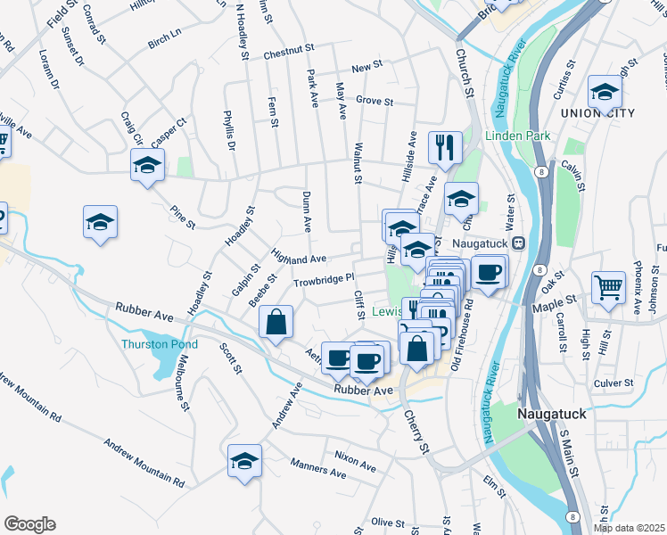 map of restaurants, bars, coffee shops, grocery stores, and more near 152 Cliff Street in Naugatuck