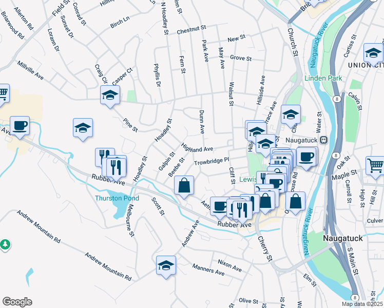 map of restaurants, bars, coffee shops, grocery stores, and more near 111 Highland Avenue in Naugatuck