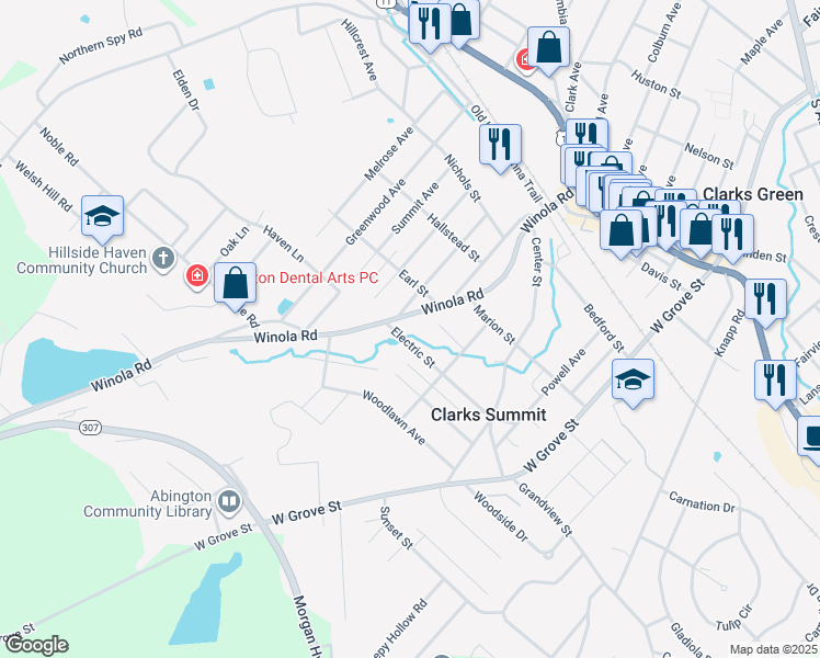 map of restaurants, bars, coffee shops, grocery stores, and more near 525 Winola Road in Clarks Summit