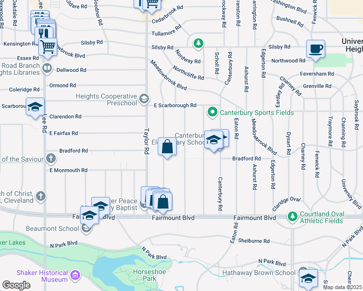 map of restaurants, bars, coffee shops, grocery stores, and more near 2502 Kingston Road in Cleveland Heights