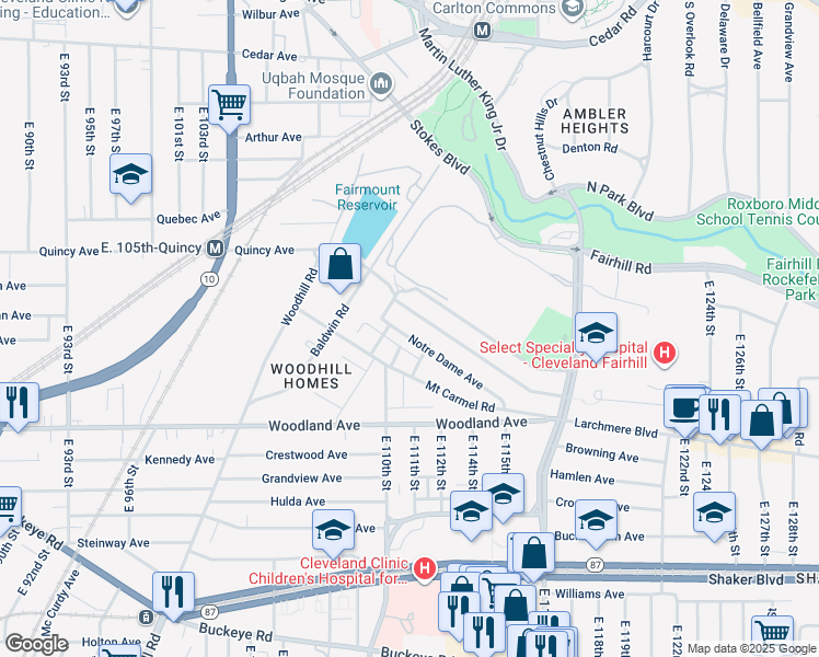 map of restaurants, bars, coffee shops, grocery stores, and more near 11009 Mount Overlook Avenue in Cleveland