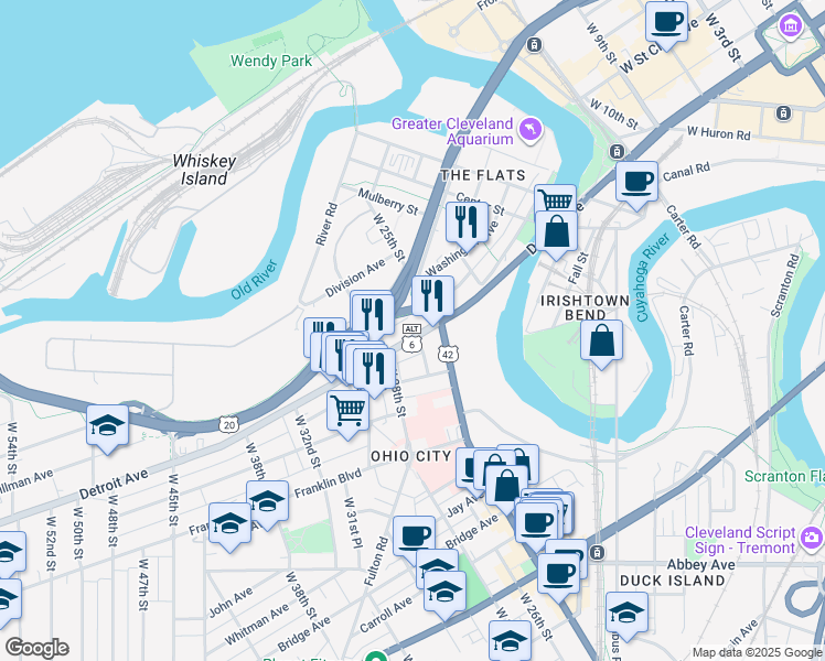 map of restaurants, bars, coffee shops, grocery stores, and more near in Cleveland