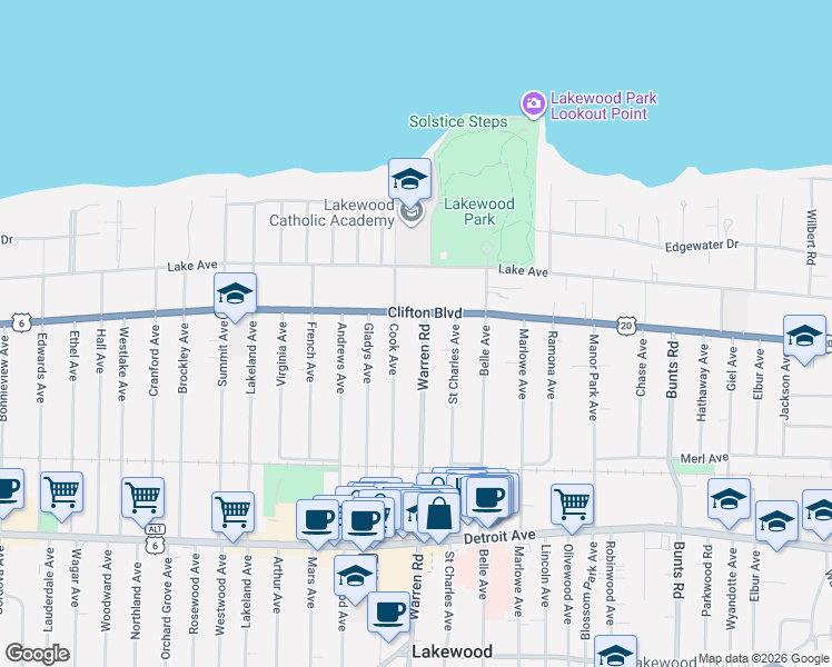 map of restaurants, bars, coffee shops, grocery stores, and more near in Lakewood
