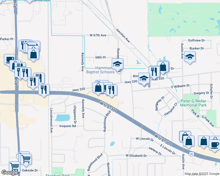 map of restaurants, bars, coffee shops, grocery stores, and more near 218 West Lincoln Highway in Schererville
