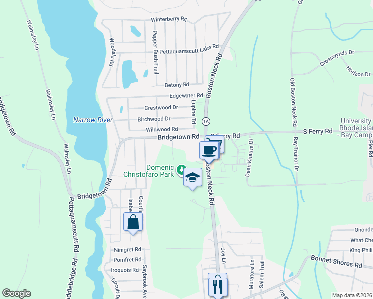 map of restaurants, bars, coffee shops, grocery stores, and more near 16 Bridgetown Road in Narragansett
