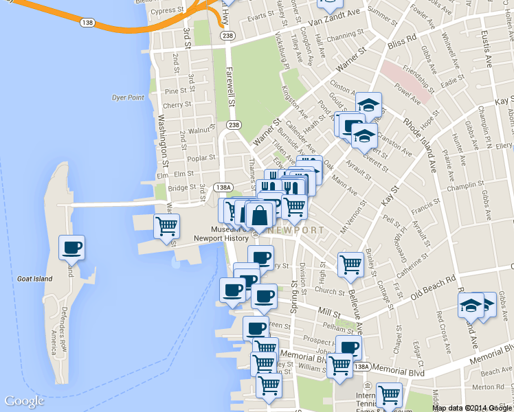 map of restaurants, bars, coffee shops, grocery stores, and more near 84 Thames Street in Newport