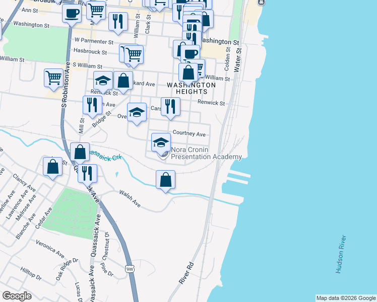 map of restaurants, bars, coffee shops, grocery stores, and more near 72 Liberty Street in Newburgh