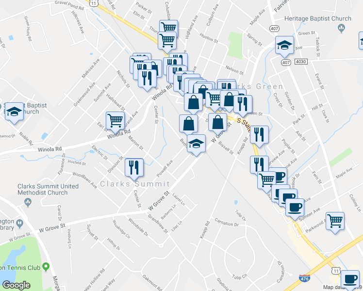map of restaurants, bars, coffee shops, grocery stores, and more near 402 Bedford Street in Clarks Summit