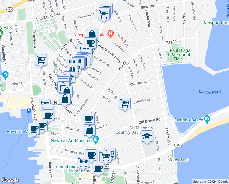 map of restaurants, bars, coffee shops, grocery stores, and more near 58 Ayrault Street in Newport