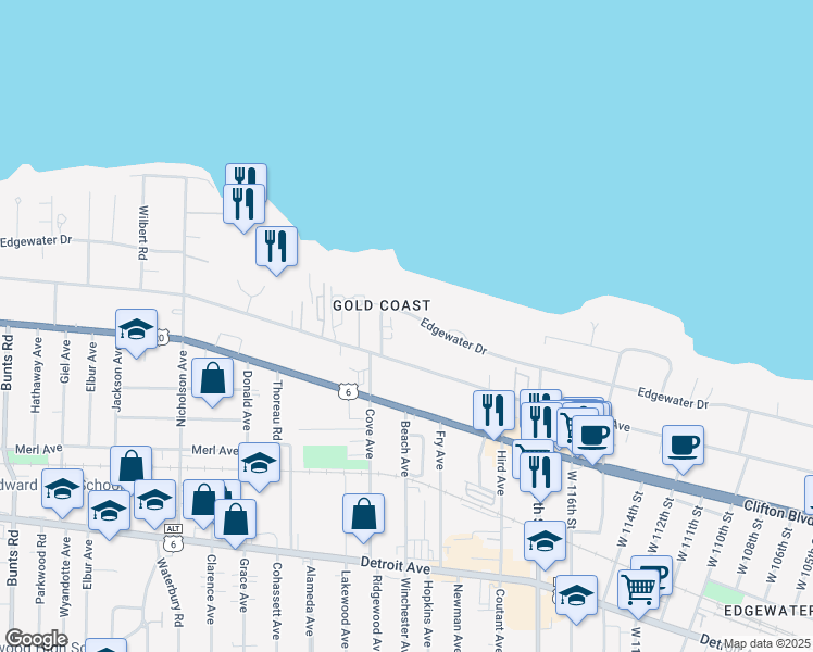 map of restaurants, bars, coffee shops, grocery stores, and more near 12039 Edgewater Drive in Lakewood