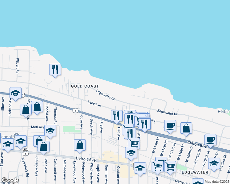 map of restaurants, bars, coffee shops, grocery stores, and more near 11820 Edgewater Drive in Lakewood