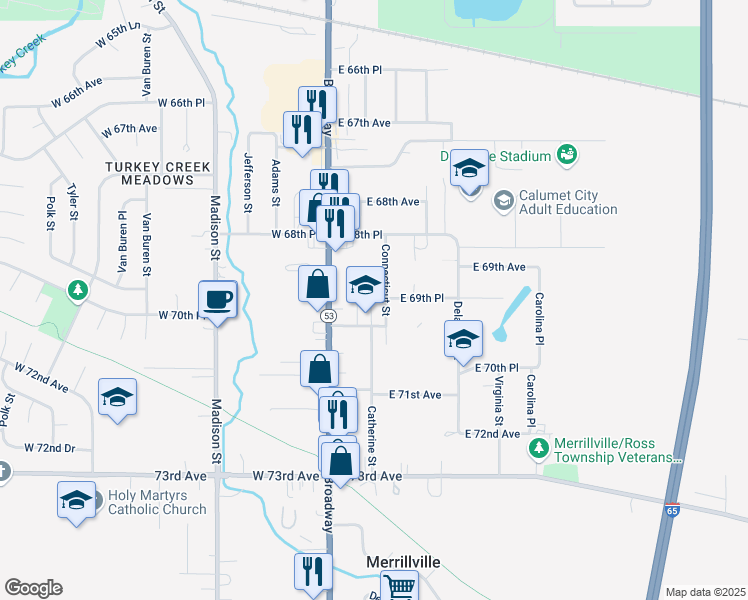 map of restaurants, bars, coffee shops, grocery stores, and more near 6978 Connecticut Street in Merrillville