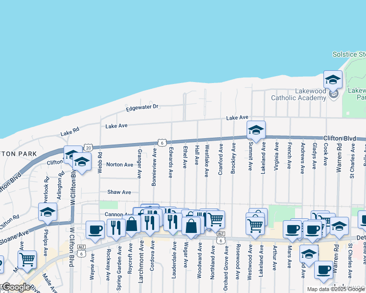 map of restaurants, bars, coffee shops, grocery stores, and more near 16701 Clifton Boulevard in Lakewood