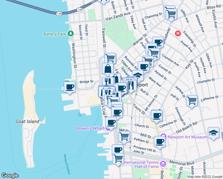 map of restaurants, bars, coffee shops, grocery stores, and more near 79 Thames Street in Newport