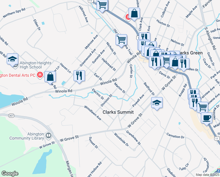 map of restaurants, bars, coffee shops, grocery stores, and more near 101 Junction Street in Clarks Summit