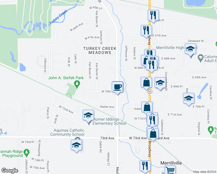 map of restaurants, bars, coffee shops, grocery stores, and more near 6969 Jackson Court in Merrillville