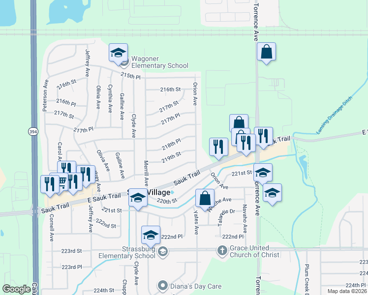 map of restaurants, bars, coffee shops, grocery stores, and more near 2141 219th Street in Sauk Village