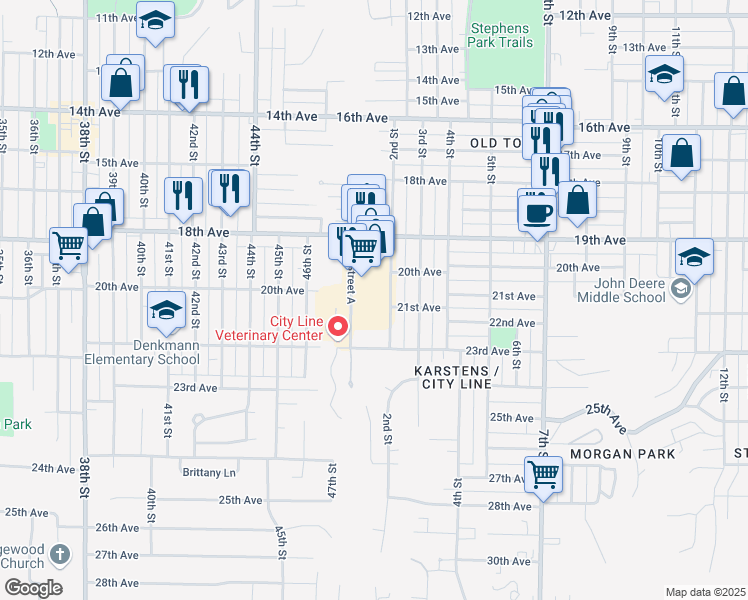 map of restaurants, bars, coffee shops, grocery stores, and more near 2020 1st Street A in Moline