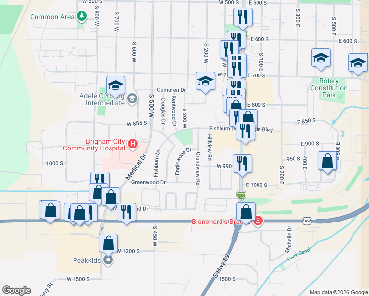 map of restaurants, bars, coffee shops, grocery stores, and more near 943 Wildwood Drive in Brigham City