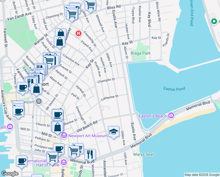 map of restaurants, bars, coffee shops, grocery stores, and more near 269 Gibbs Avenue in Newport