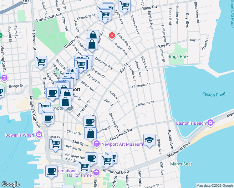map of restaurants, bars, coffee shops, grocery stores, and more near 45 Everett Street in Newport