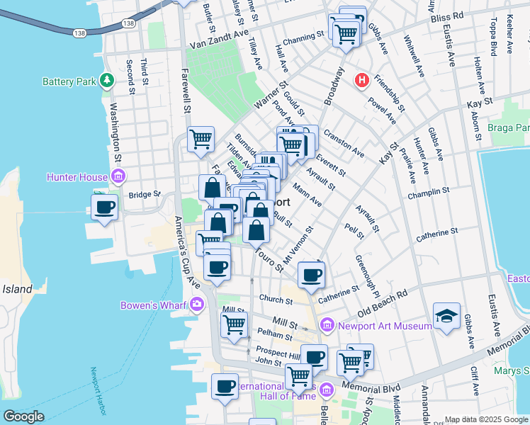 map of restaurants, bars, coffee shops, grocery stores, and more near in Newport