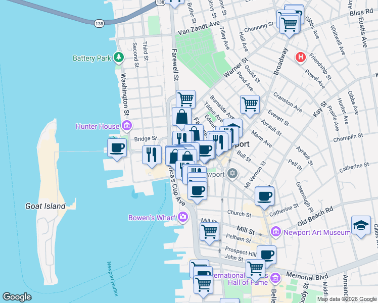 map of restaurants, bars, coffee shops, grocery stores, and more near in Newport