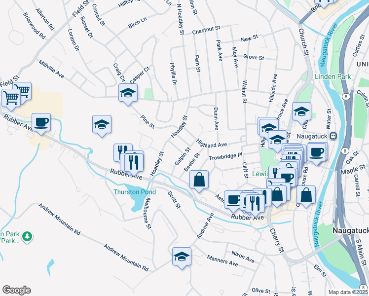 map of restaurants, bars, coffee shops, grocery stores, and more near 76 Galpin Street in Naugatuck