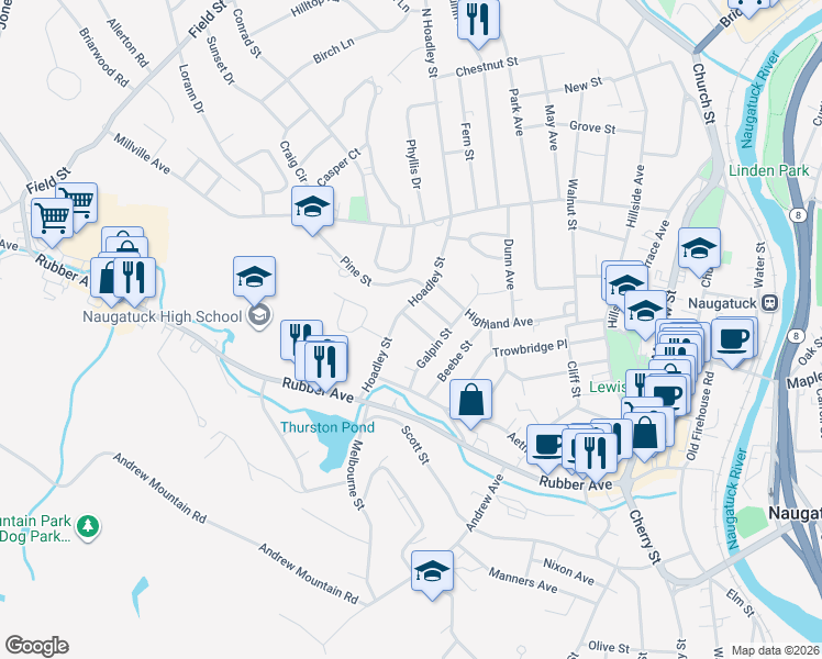 map of restaurants, bars, coffee shops, grocery stores, and more near 44 Marshall Avenue in Naugatuck