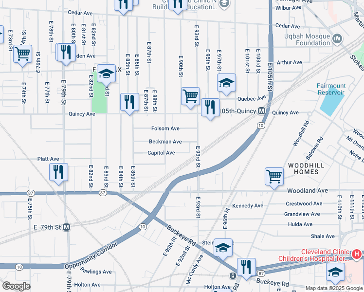 map of restaurants, bars, coffee shops, grocery stores, and more near 9118 Beckman Avenue in Cleveland