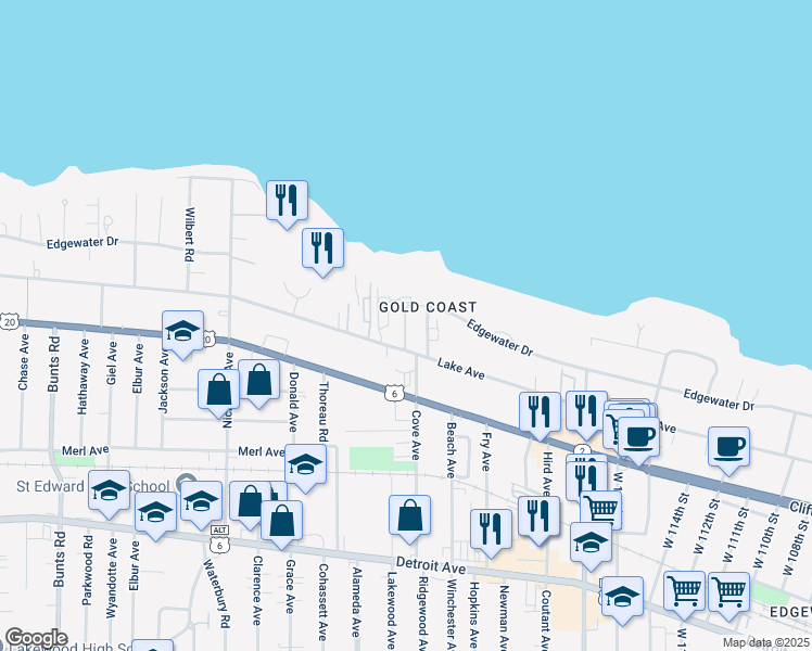map of restaurants, bars, coffee shops, grocery stores, and more near 12530 Lake Avenue in Lakewood