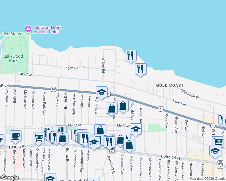map of restaurants, bars, coffee shops, grocery stores, and more near in Lakewood