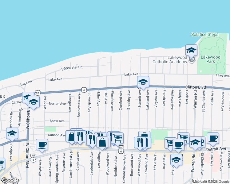 map of restaurants, bars, coffee shops, grocery stores, and more near 16101 Clifton Boulevard in Lakewood