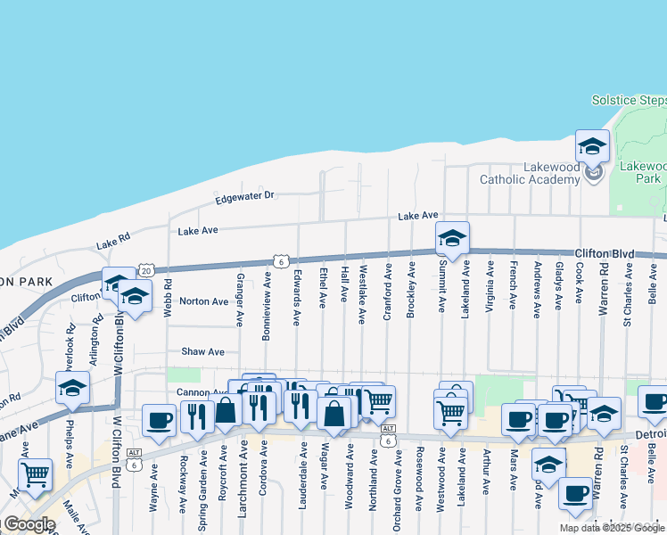 map of restaurants, bars, coffee shops, grocery stores, and more near 16701 Clifton Boulevard in Lakewood
