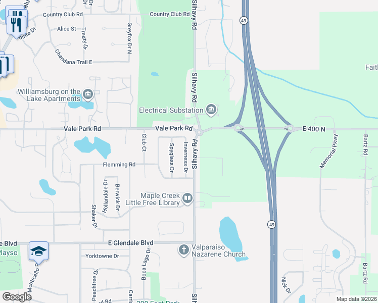 map of restaurants, bars, coffee shops, grocery stores, and more near 2400 Silhavy Road in Valparaiso