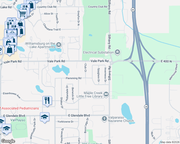 map of restaurants, bars, coffee shops, grocery stores, and more near 2400-2698 N Blue Mound Dr in Valparaiso