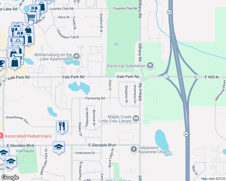 map of restaurants, bars, coffee shops, grocery stores, and more near 2501-2699 Club Court in Valparaiso