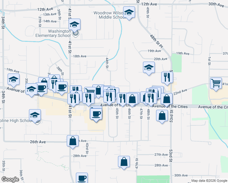map of restaurants, bars, coffee shops, grocery stores, and more near 2126 44th Street in Moline