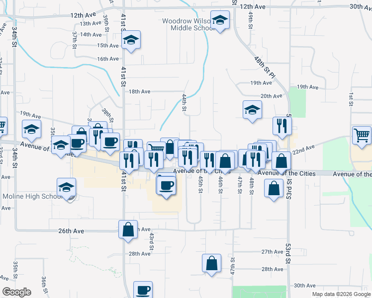 map of restaurants, bars, coffee shops, grocery stores, and more near 2126 44th Street in Moline