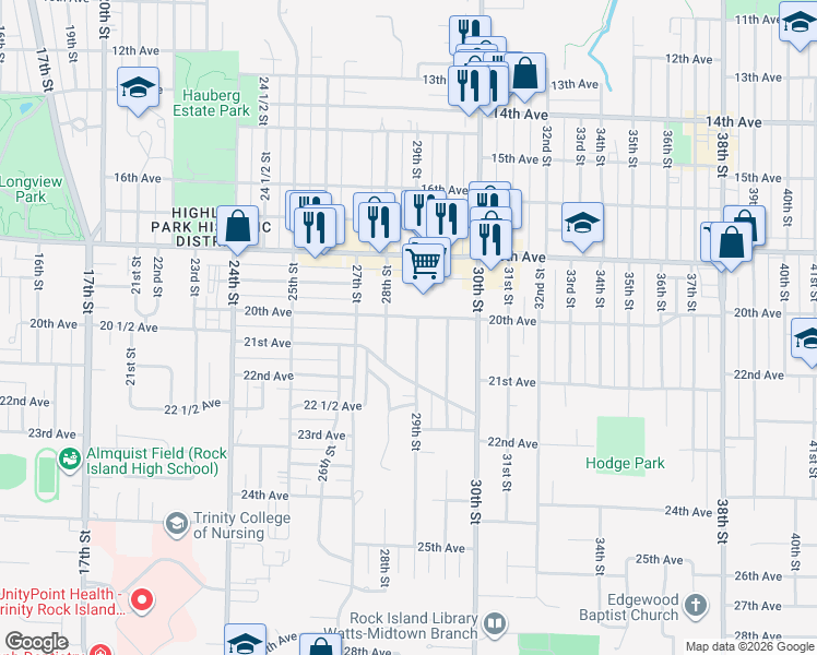 map of restaurants, bars, coffee shops, grocery stores, and more near 2900-2916 20th Ave in Rock Island