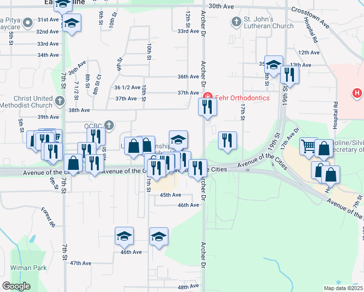 map of restaurants, bars, coffee shops, grocery stores, and more near 1275 Avenue Of The Cities in East Moline