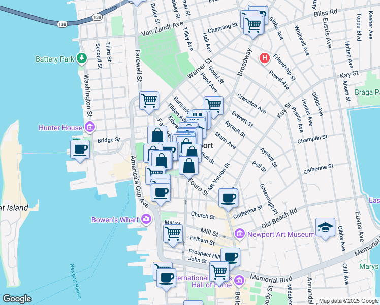 map of restaurants, bars, coffee shops, grocery stores, and more near 29 Marlborough Street in Newport