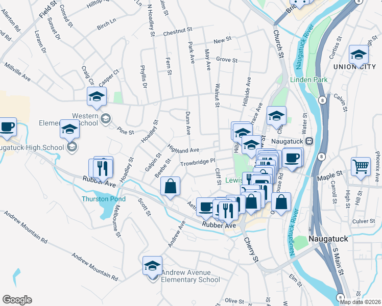 map of restaurants, bars, coffee shops, grocery stores, and more near 64 Highland Avenue in Naugatuck